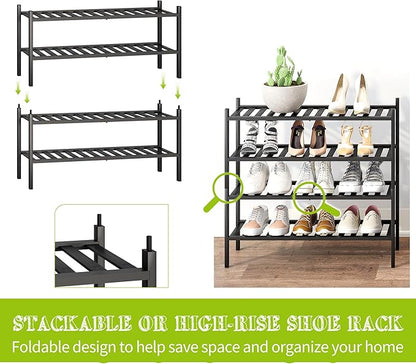 BMOSU 2-Tier Bamboo Shoe Rack Premium Stackable Shoe Shelf Storage Organizer for Hallway Closet Living Room Entryway Organizer (Black Bamboo)