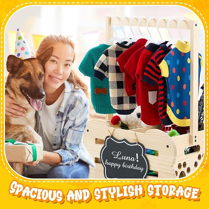 Wooden Dog Wardrobe Closet 20"x15"x9" Pet Goose Outfit Toy Storage Basket Crate with Hanging Rod Bone Shape Organizer Closet for Dog Toy Clothes Accessories with 8 Hanger 10 Clip 1 Small Blackboard