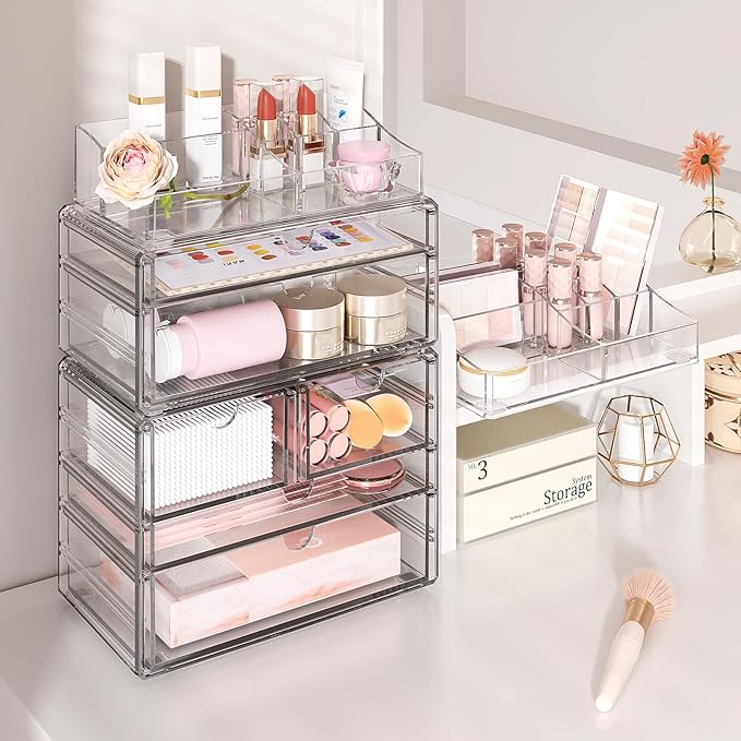 Delamu 3-Tier Clear Makeup Organizer with Drawer, Acrylic Cosmetic Display Case for Makeup Vanity Bathroom Counter Organizers and Storage, Stackable Vanity Organizer for Brushes Lipsticks Skincare