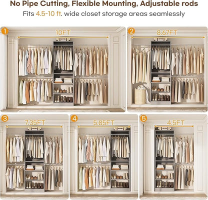 Homieasy Closet Organizer System, 4.5-10ft Modular Wooden Storage with 5 Hanging Rods & Shelving Tower, Adjustable for Walk-in Reach-in Bedroom Closets, Gray