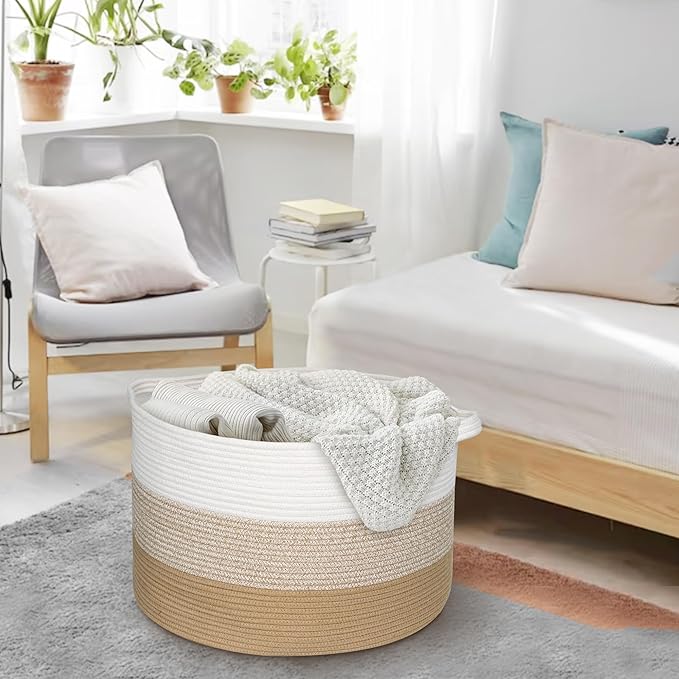 Extra Large Storage Basket, 22” X 22” X 14” Blanket Basket Living Room, Kids Toy Box Organizer, Woven Cotton Rope Baskets for Storage, Soft Dog Toy Bin, Wicker Pillow Blanket Holder
