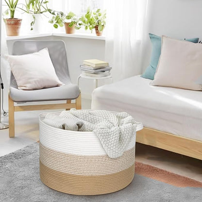 Extra Large Storage Basket, 22” X 22” X 14” Blanket Basket Living Room, Kids Toy Box Organizer, Woven Cotton Rope Baskets for Storage, Soft Dog Toy Bin, Wicker Pillow Blanket Holder