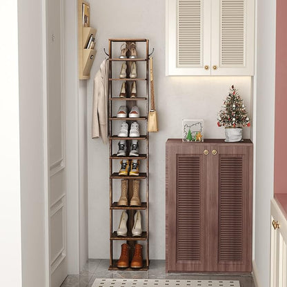 HOMEFORT 10-Tier Vertical Shoe Rack, Corner Shoe Tower, Slim Shoe Organizer with Two Hanging Hooks, Wooden Shoe Storage Stand for Entryway, Hallway, Closet, Rustic Brown
