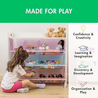 Humble Crew Toy Storage Organizer with Top Shelf and 9 Removable Bins, White/Purple/Pink/Blue – Toddler Bookshelf with Toy Organizer - Modern Toy Rack Ideal for Kids' Rooms, Playrooms, and Nurseries