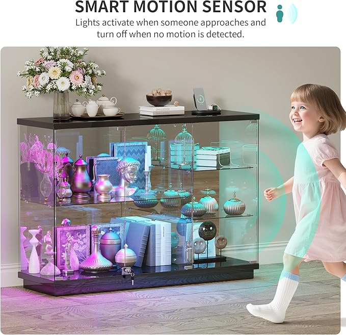 HNEBC 47.2" W Display Cabinet - with Lockable Glass Door,5-Tier Glass Display Case with 12 Lights Modes for Collectibles,Lighted Cuiro Cabinet with Human Sensor,China Cabinet,Living Room,Black