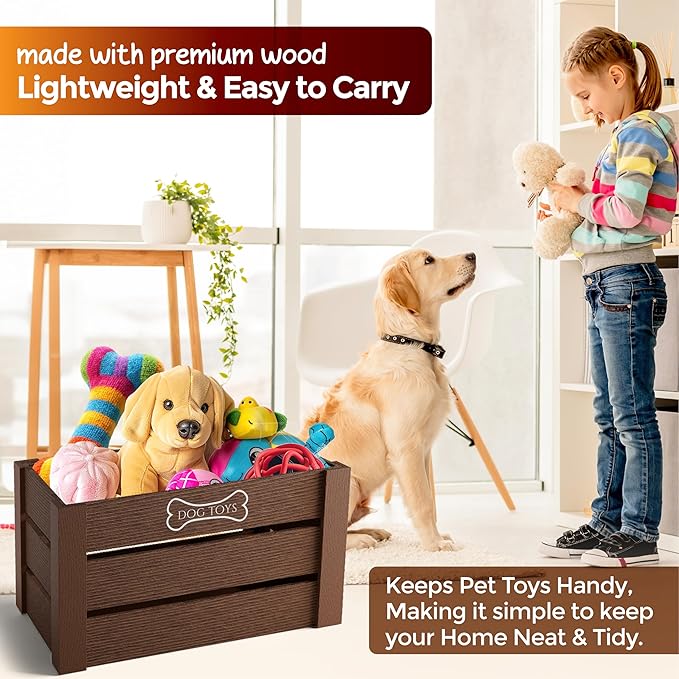 Hope Haven Wooden Dog Toy Box – Premium Chew-Resistant Solid Wood Pet Storage Bin – Aesthetic Large Capacity Organizer for Dog Toys, Leashes & Treats – Designer Home Decor (15x11x8, Natural Brown)