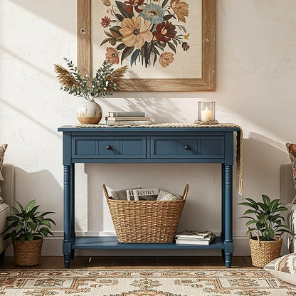 35.34" Console Table Traditional Design with Two Drawers and Bottom Shelf,Dark Navy
