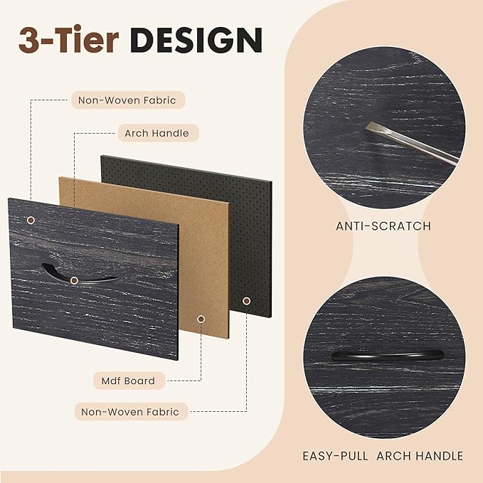 DUMOS Fabric Dresser for Bedroom with 8 Drawers, Tall 8-Drawer Chest of Drawers with Raised Shelf, Storage Tower with Fabric Bins for Closet Organization, Hallway Storage, Black Wood Grain Print