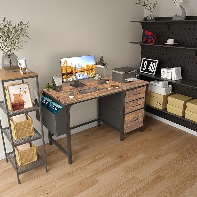 Lufeiya Computer Desk with Fabric File Drawers Cabinet, 47 Inch Reversible Home Office Desks with Filing Cabinet for Small Space, Study Writing Table PC Desks, Rustic Brown