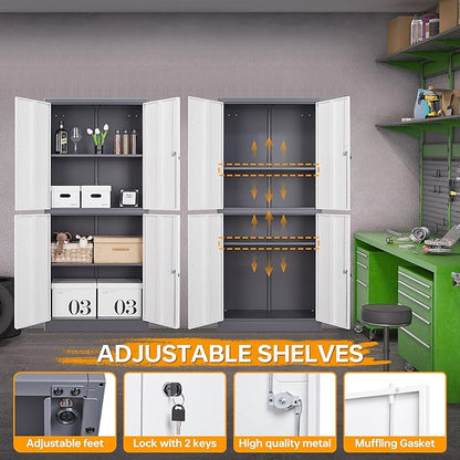STANI Metal Storage Cabinet, Locking Steel Cabinet with 4 Doors and 2 Adjustable Shelves, 71" Tall Steel Cabinet for Home Office, Garage, School (Grey+White)