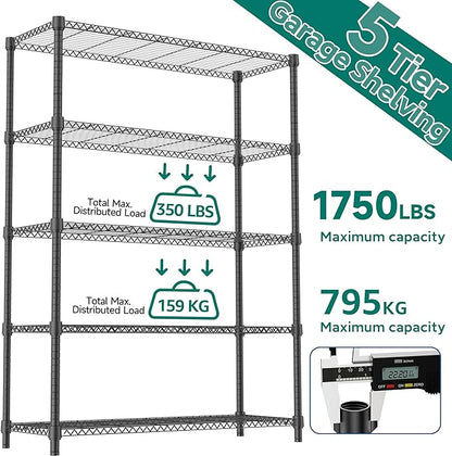 1750LBS 47.2" W 5 Tiers Shelf Steel Storage Shelves Shelving Unit Steel Organizer Wire Rack for Home,Kitchen,Office,Garage Black 17.7" D x 47.2" W x 72.4" H