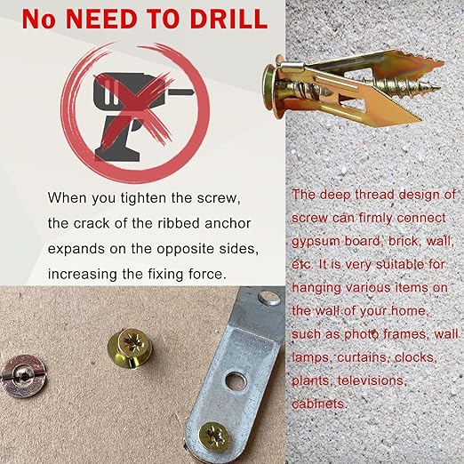 90 Pcs Self Drilling Drywall Anchors with Screws,45 Sheetrock Anchors (0.47x1.57 inch) & 45 Zinc Expansion Screws,2025 Upgraded Zinc Plated Steel,No Drill Needed,Perfect for Wall Hanging