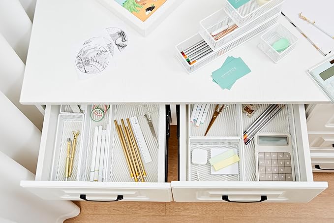 Annova Mesh Stackable Drawer Cabinet and Shelf Organizer Bins Storage Basket School Office Supply Holder Tray- Set of 2 (White, 3x12x2 Inch)