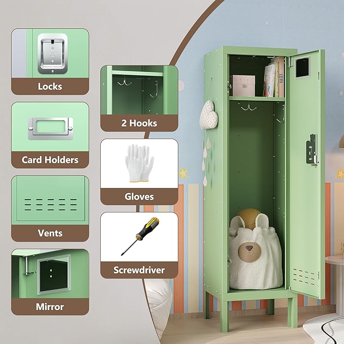 Metal Storage Locker with Lock & Card Slot Locker - Secure Lockable Door - Steel Locker for School, Office, Gym, Home - 54" H x 15" W x 15" D（1 Door, Mint）
