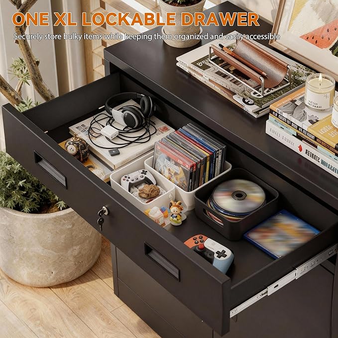 BESFUR Metal Garage Storage Cabinet with One Lockable Drawer 2 Locking Doors and an Adjustable Shelf, 36" Black Metal Short Storage Cabinet for Home Office,Garage,School,Utility Room