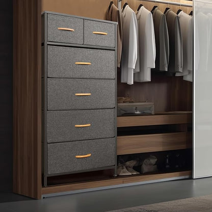 Mifuro Tall Dresser for Bedroom, Vertical Storage Organizer Tower with 6 Drawers, Chest of Drawers with Fabric Bins, Steel Frame, Wood Top for Bedroom, Closet, Entryway- Grey