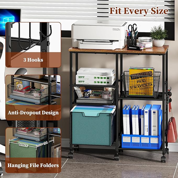 Rolling File Cart with Wheels,Lateral File Cabinet with 2pcs Drawers,Rolling Printer Stand Cart with Open Storage Shelf,Hanging Filing Cabinet Organizer Cart Fits Letter Size for Home Office