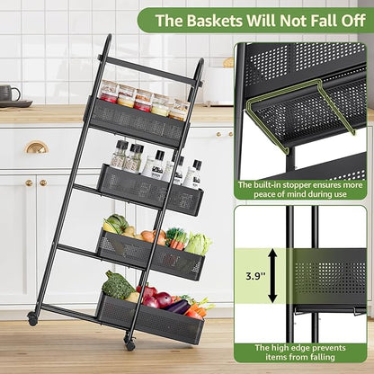 KINGRACK 5-Tier Slim Storage Cart with Pull Out Basket, Rolling Bathroom Organizer Utility, Metal Shelving Unit Slide Out, Lockable Wheels, Easy Assembly for Narrow Place, Kitchen, Laundry Room, Black
