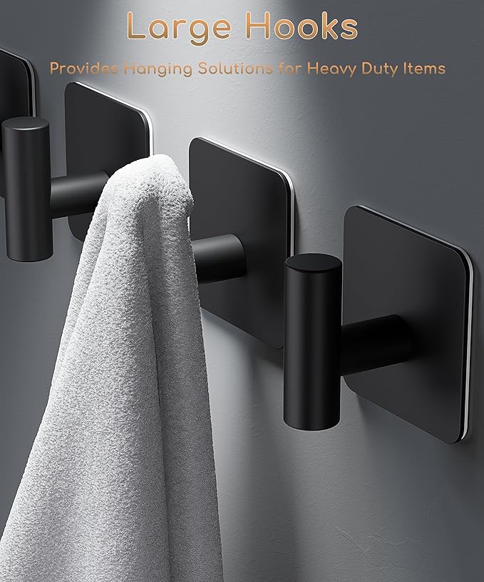 4 Pack Large Heavy Duty Wall Hooks - 26lb Max, Stainless Steel Adhesive Towel Hook, Shower Hooks for Hanging Towel, Coat, Robe, Wall Hook for Use in Bathroom, Kitchen and Door, Matte Black