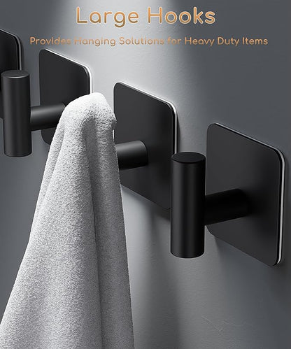 4 Pack Large Heavy Duty Wall Hooks - 26lb Max, Stainless Steel Adhesive Towel Hook, Shower Hooks for Hanging Towel, Coat, Robe, Wall Hook for Use in Bathroom, Kitchen and Door, Matte Black