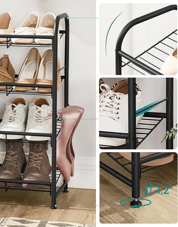 SONGMICS 4 Tier Shoe Rack, Stackable Storage Rack, Up to 16 Pairs, Metal, 68.5 x 27.5 x 65 cm, for High Heels, Sneakers, Slippers, in Entrance, Black LMR067B01