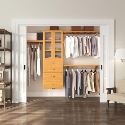 Wood Closet Organizer System with Shelves, 4 Drawers, Door & Hanging Rods - Wall Mounted Walk-in – Honey Maple Finish