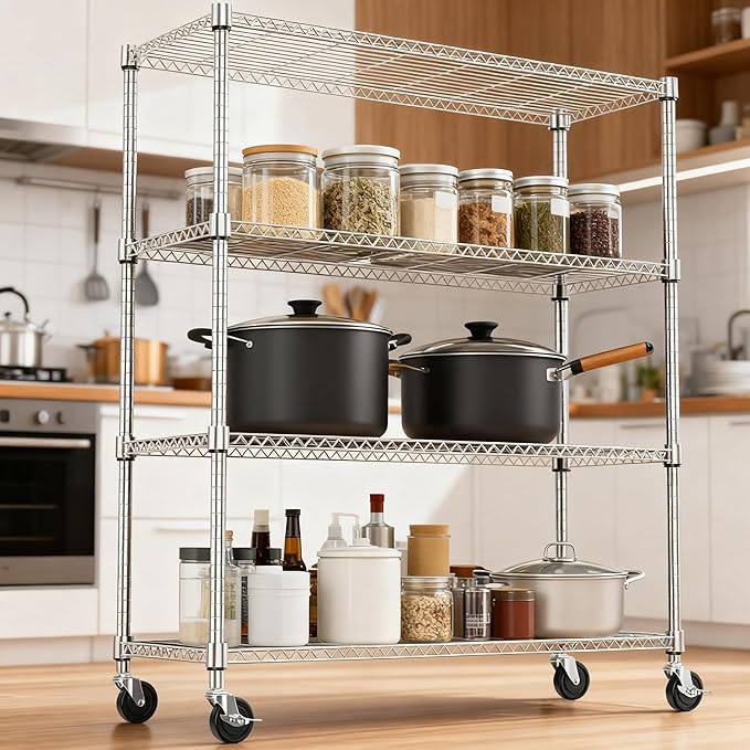 1400LBS 47.2" W 4 Tiers Storage Shelves Metal Shelving Unit with Wheels Heavy Duty Garage Shelving Adjustable Wire Shelves for Pantry,Kitchen,Garage,Basement,Chrome 17.7" D x 47.2" W x 62.6" H