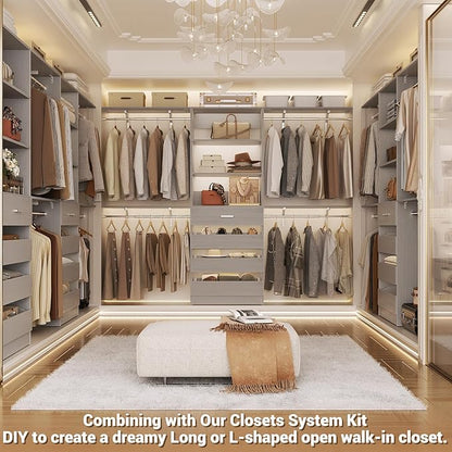 Aheaplus Closet System with Drawers Set of 2, Wood Closet Organizer System with 8 Hanging Rods & Top Shelves, Walk-in Closets Organizer Wardrobe Clothes Rack System, Cut Fits Spaces 4-9FT. Wide, Grey