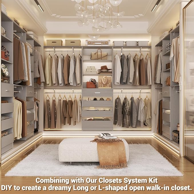 Aheaplus Closet System with Drawers Set of 2, Wood Closet Organizer System with 8 Hanging Rods & Top Shelves, Walk-in Closets Organizer Wardrobe Clothes Rack System, Cut Fits Spaces 4-9FT. Wide, Grey1