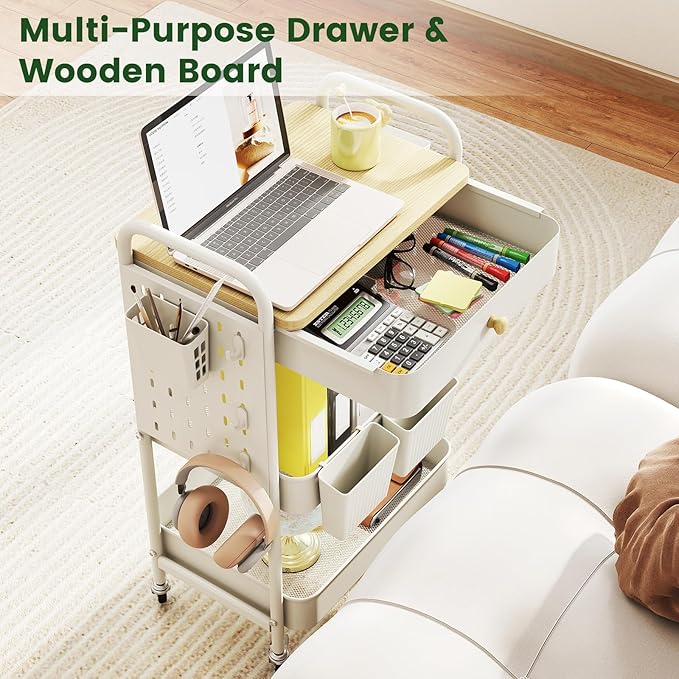 danpinera Rolling Utility Cart with Drawer, 3 Tier Rolling Cart with Wheels, Hooks & Hanging Cups, Craft Cart Art Cart Snack Cart Rolling Storage Cart with Wooden Table Top & DIY Pegboards, White