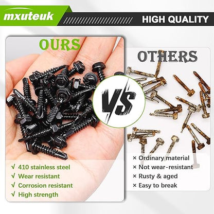 mxuteuk #8×3/4" Self Tapping Screws,410 Stainless Steel Self Tapping Screws for Metal,Self Drilling Screws,Hex Washer Head Screws Suitable for Wood, Metal or Tough Materials (180PCS)