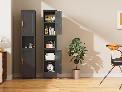67" H Black Metal Narrow Pantry Cabinet with 2 Doors and 2 Adjustable Shelves, 5 Tier Small Thin Storage Cabinet with Legs and Gold Handle for Kitchen,Home Office,Bath,Laundry,Easy Assembly