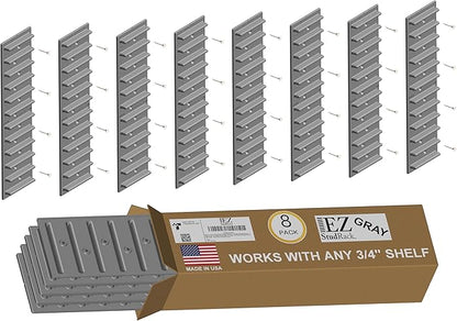 Made in USA EZStudRack Adjustable Shelf Brackets, 8-Pack (4 Pairs) – Easy-to-Adjust One-Row Storage for Custom-Fit Shelves – Your Items, Your Wood, You Supply It