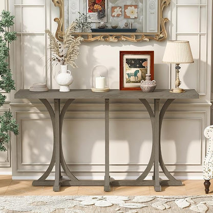 59.8" Wooden Console Table with Oak Veneer Top,Farmhouse Entryway Table with Rubber Wood Slender Curved Legs,Perfect for Living Room,Entryway,Hallway,Grey