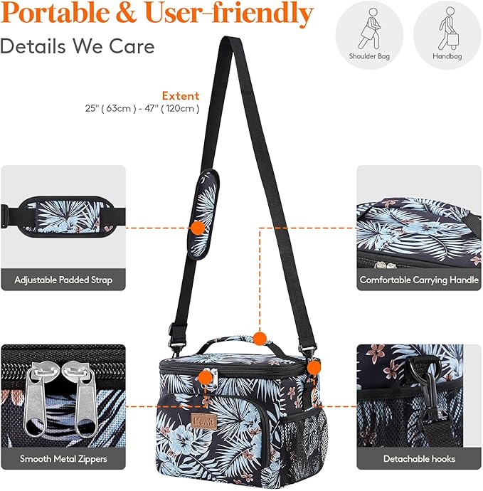 Lifewit Reusable Insulated Lunch Bag, Portable Cooler Freezable Soft Lunchbox Leakproof with Adjustable Shoulder Strap for Men Women Adult for Work Picnic or Travel, 9L 12 Can, Flower