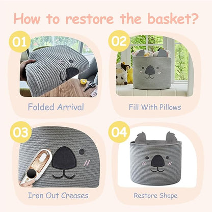 OMERAI Animal Koala Basket, Cute Cotton Rope Woven Large Blanket Basket, Toy Storage for Nursery decor and Laundry Organizer with Handles, baby hamper shower gift, 15"D x 12.6"H, Grey