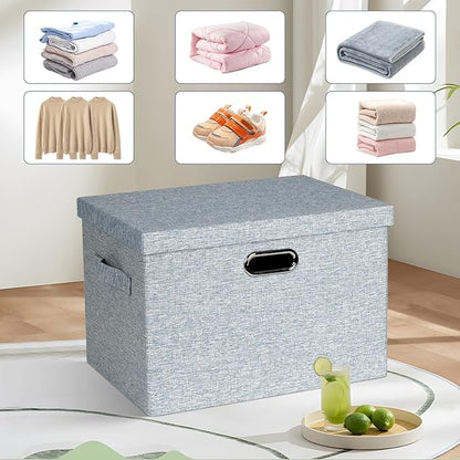 Large 17" 36 Quart Collapsible Stackable Storage Bins with Lids, 3 Packs Blue-Grey Linen Fabric Closet Boxes with Lids, Storage Cube Baskets Container Organizers for Bedroom (17x12x11)