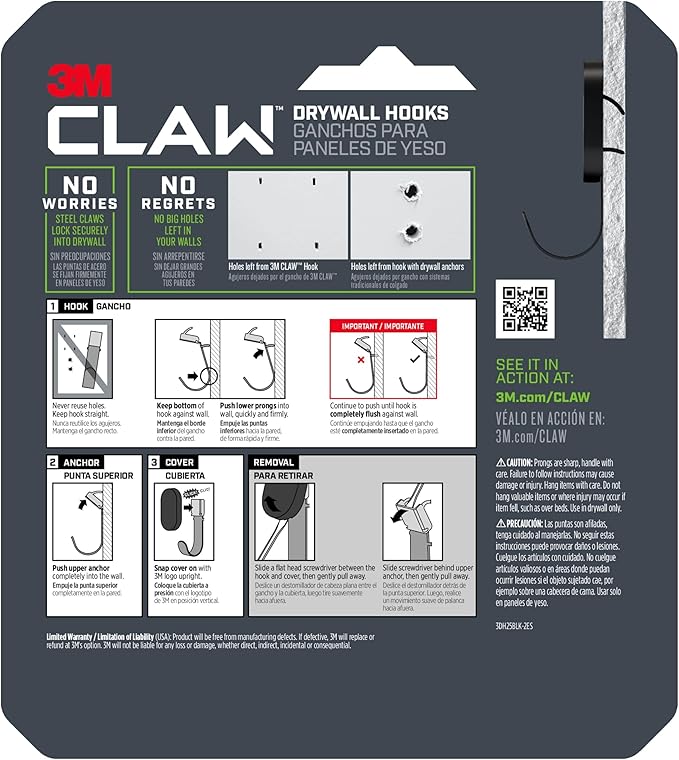 3M CLAW 25 lb. 2 Drywall Black Hooks & 2 Extra Picture Hangers, Heavyweight Hanging Solution for Backpacks, Jackets, Pictures and Room Decor, Cute Wall Hooks - 4 Pack