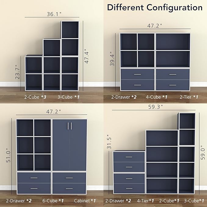 Homes: Inside + Out Apexa 3-Tier Cube Storage Organizer Shelves, Stackable Wood Bookcase Fits Cubby Bins for Organization, Dorm Teen Room Decor & Home Office, Steel Blue