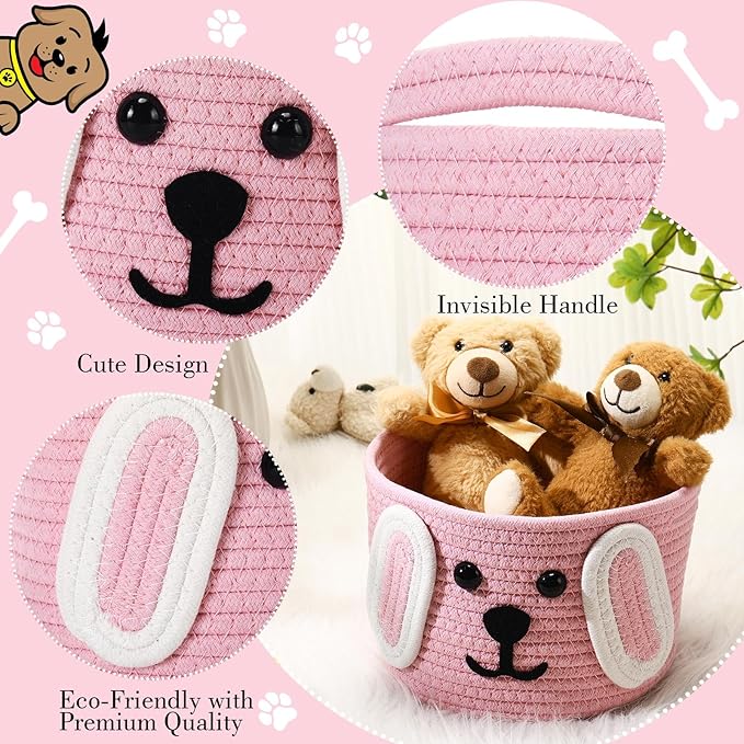 Zopeal Dog Woven Basket, 7.9" D x 6" H Cotton Rope Toy Storage Organizer, Dog Mom Gift Empty, Cute Laundry Puppy Gift Animal Basket for Clothes, Towels, Toy, Laundry, Bathroom, Home(Pink,White)