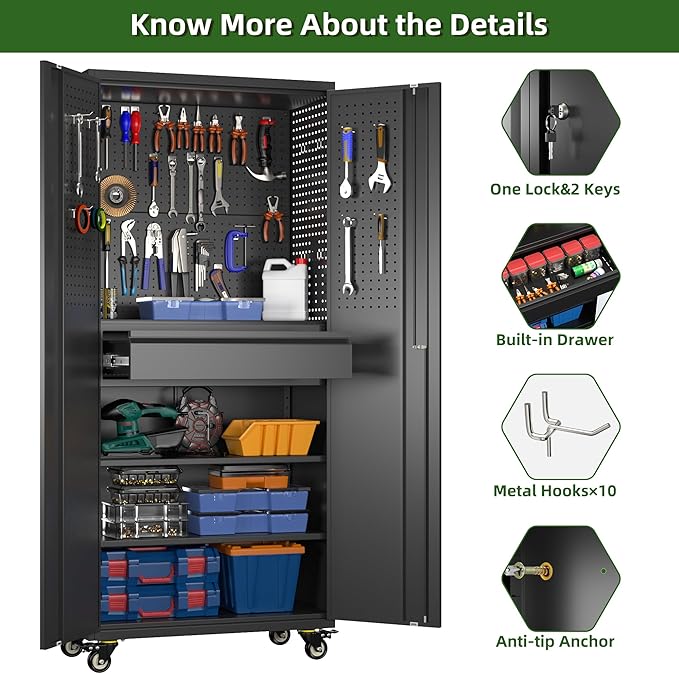 Garage Storage Cabinet with Wheels, 5 Pegboards and 1 Drawer, 71" H Lockable Metal Storage Cabinet with 2 Adjustable Shelves and 16 Hooks for Garage,Warehouse, Assembly Required,Black