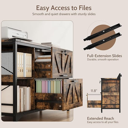 44" File Cabinet, Lateral Filing Cabinet for Home Office with 2 Drawers, Office Storage Cabinet with Lock and Key, Wooden Printer Stand with 4 Storage Shelves, Power Outlets, Bookshelf, Rustic Brown