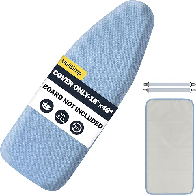 Ironing Board Cover and Pad 18"x49" Extra Thick Natural Cotton, Scorch and Stain Resistant Iron Board Cover, Wide Ironing Board Cover with Fasteners Heavy Duty Heatproof Elastic Edge Blue
