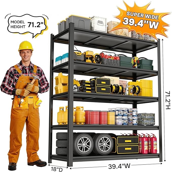 39.4" W Garage Shelves Heavy Duty, 5 Tier Adjustable Shelving Unit, 2500LBS Load Capacity, Metal Storage Rack for Garage Organization, Basement, 39.4" W x 18" D x 71.2" H