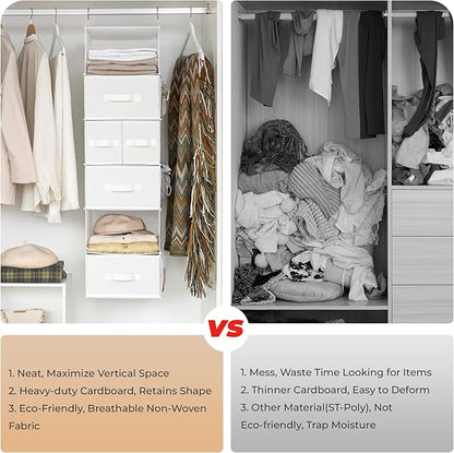 GRANNY SAYS Hanging Closet Organizer and Storage, 6 Shelf Clothes Organization with Drawers, 6 Side Pockets Closet Hanging Shelves for Bras, Socks, Underwear, Nursery Room, Wardrobe, White, 1-Pack
