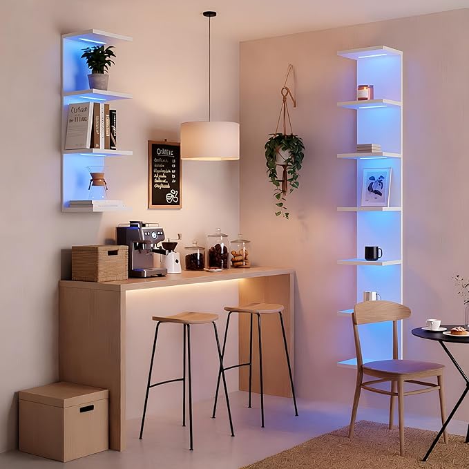 7-Tier Wall Shelf with 10 RGB Lighting Modes, White Wall Mounted Vertical Display Floating Shelf for Home Decor Bedroom Vanity