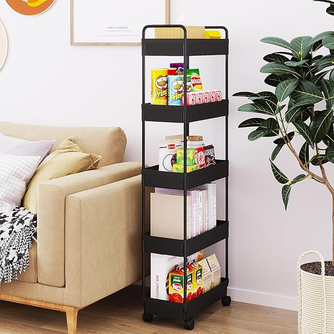 Buzowruil Rolling Storage Cart 5 Tier Organizer Mobile Shelving Unit Storage Rolling Utility Cart with Wheels for Kitchen Bathroom Laundry,Black