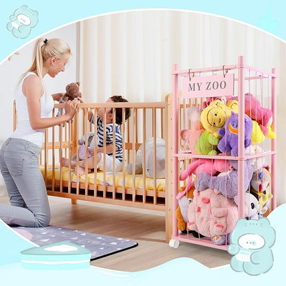 Stuffed Animal Storage Zoo with Wheels, Wooden Stuffed Animal Organizer with Elastic Cords, Space Saving Toy Plushies Storage Holder for Playroom, Bedroom, Living Room(Pink, Small)