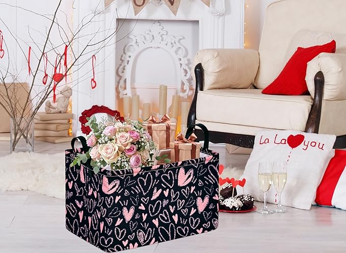 Girls Basket Empty Gift Basket with Handles,Closet Shelf Storage Organizer Bins Heart Print Girls Nursery hamper Kids Toys Books Box Room Decor