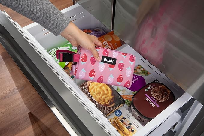 PackIt® Freezable Snack Box, Sweet Strawberry, Built with EcoFreeze® Technology, Collapsible, Zip Closure with Buckle Handle, Designed For Work Snacks, Fresh Snacks On the Go, Adults, and All Ages